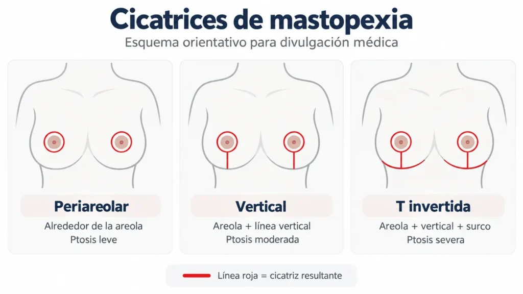 Esquema de las cicatrices de la mastopexia: periareolar, vertical y en T invertida