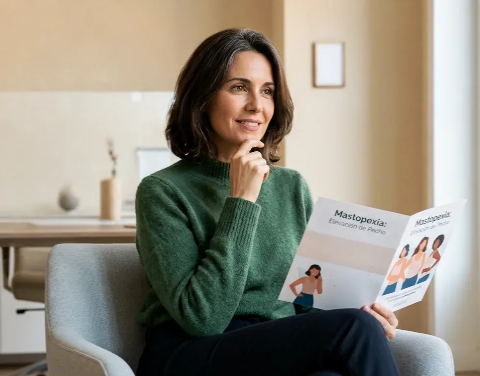 Paciente leyendo información sobre la mastopexia en la consulta de valoración